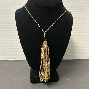 Handcrafted Tassel Necklace Gold Glass Seed Beads Crystal Bicone Boho Flapper